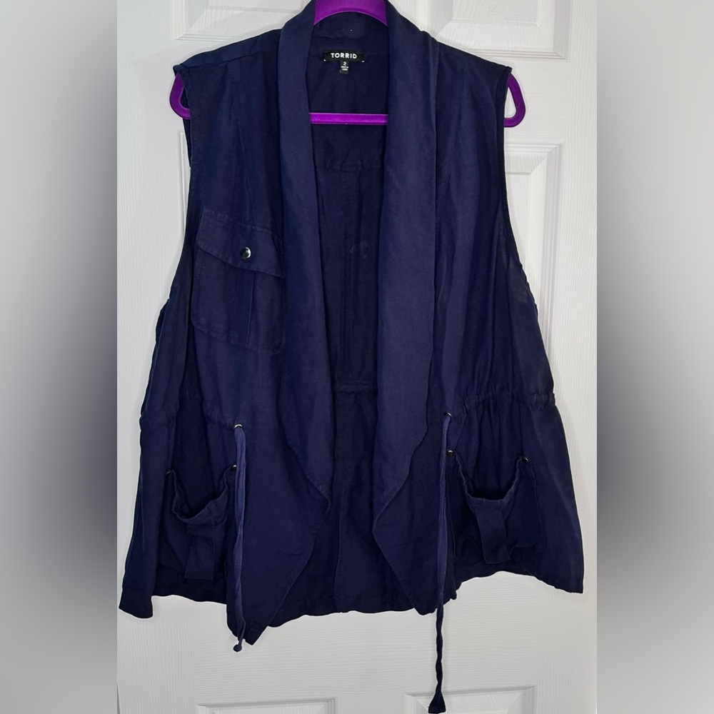 Torrid Navy Blue Long Linen Vest w/ Pockets - 2X